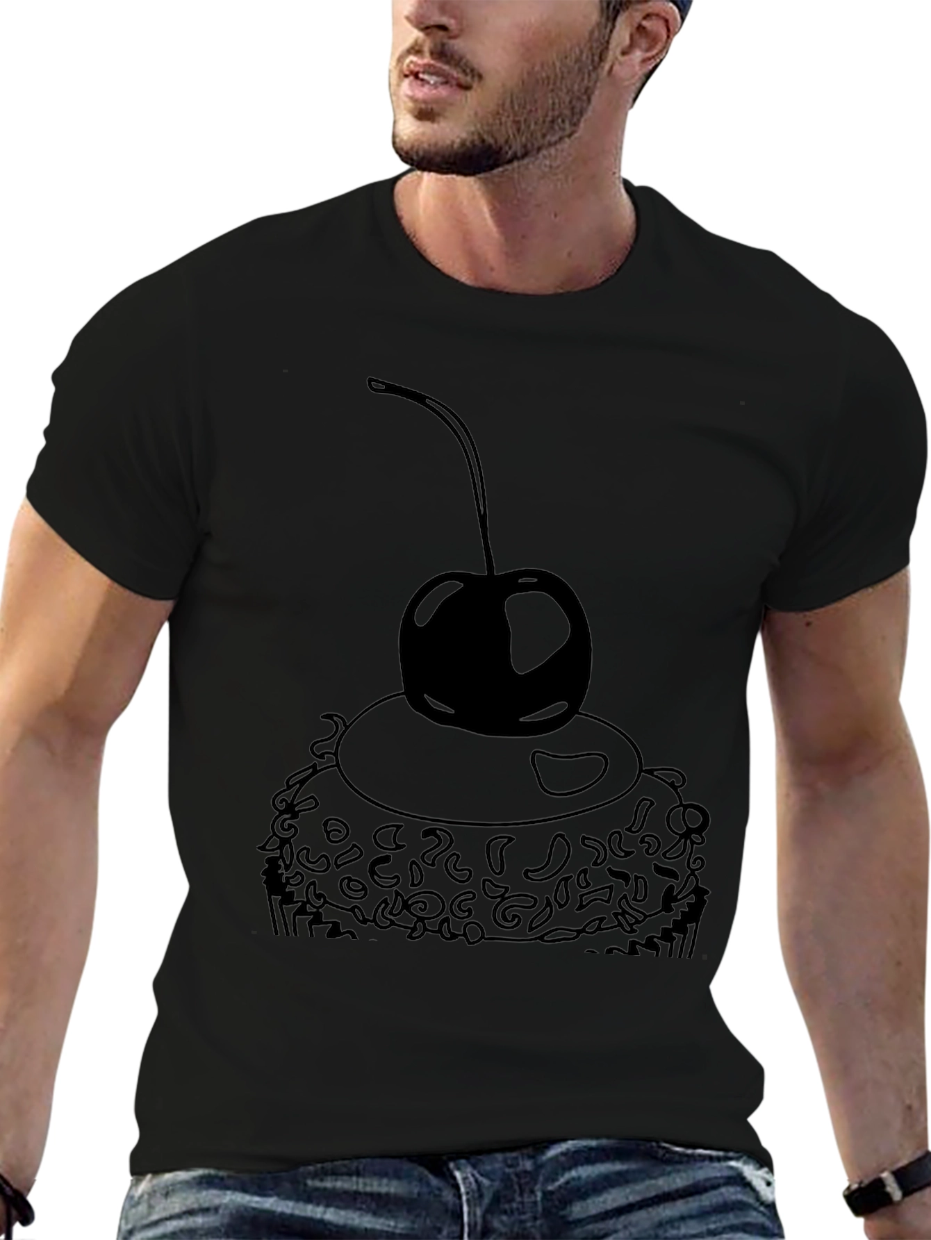 Black T-Shirt with Cupcake and Cherry Design
