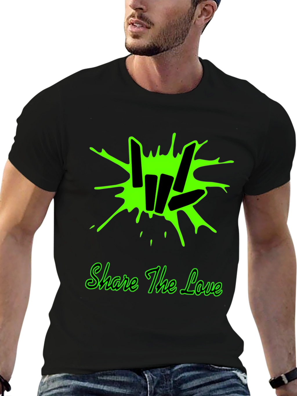 Share the Love Black T-Shirt with Green Graphic Design