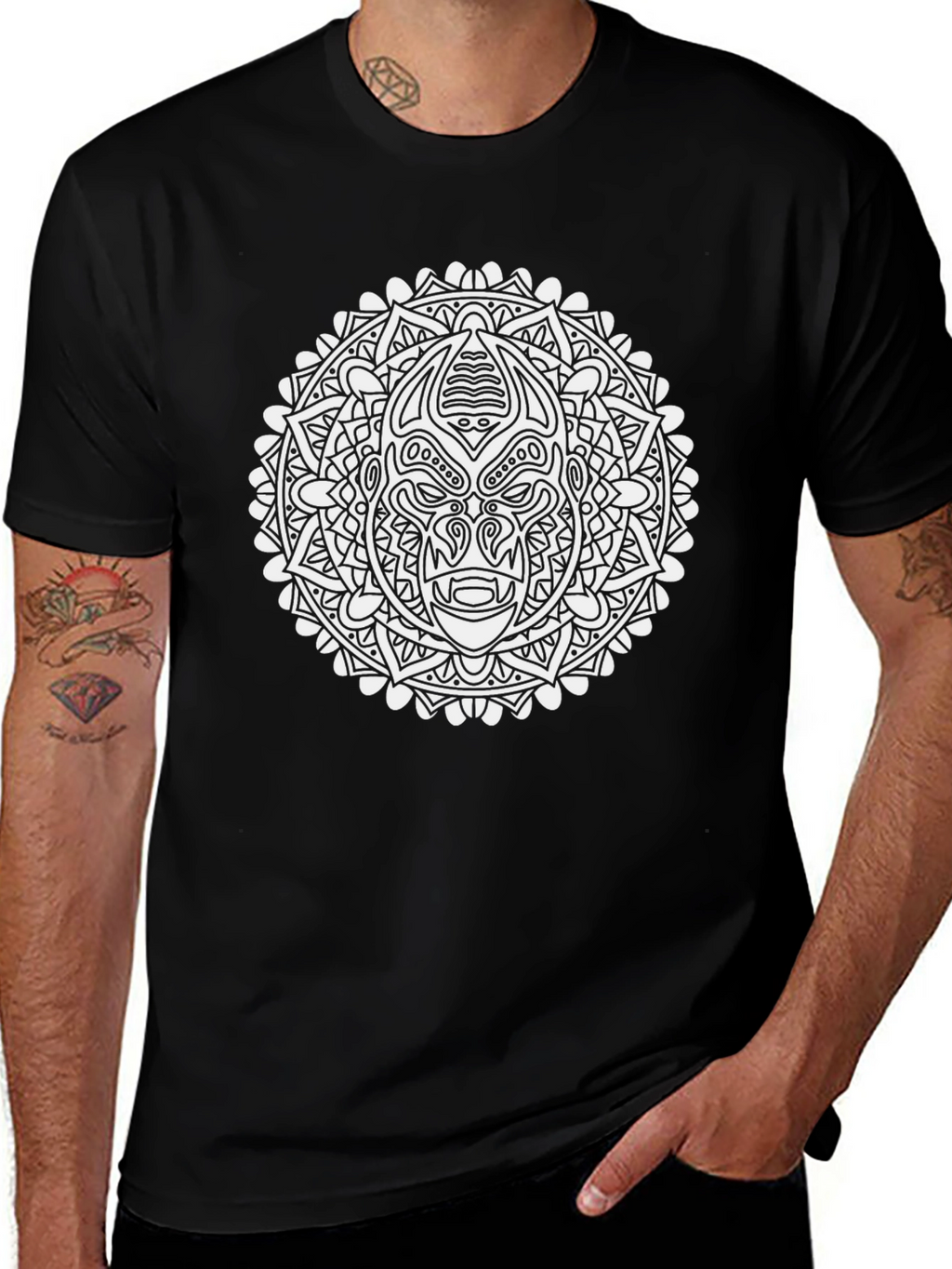 Graphic Print Black T-Shirt with Mandala Design