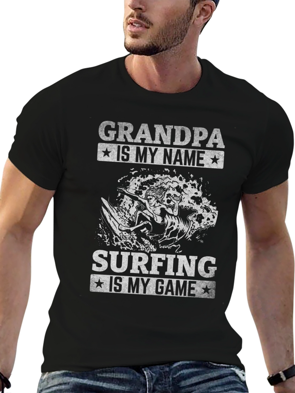 Grandpa Surfing T-Shirt - Black Graphic Tee