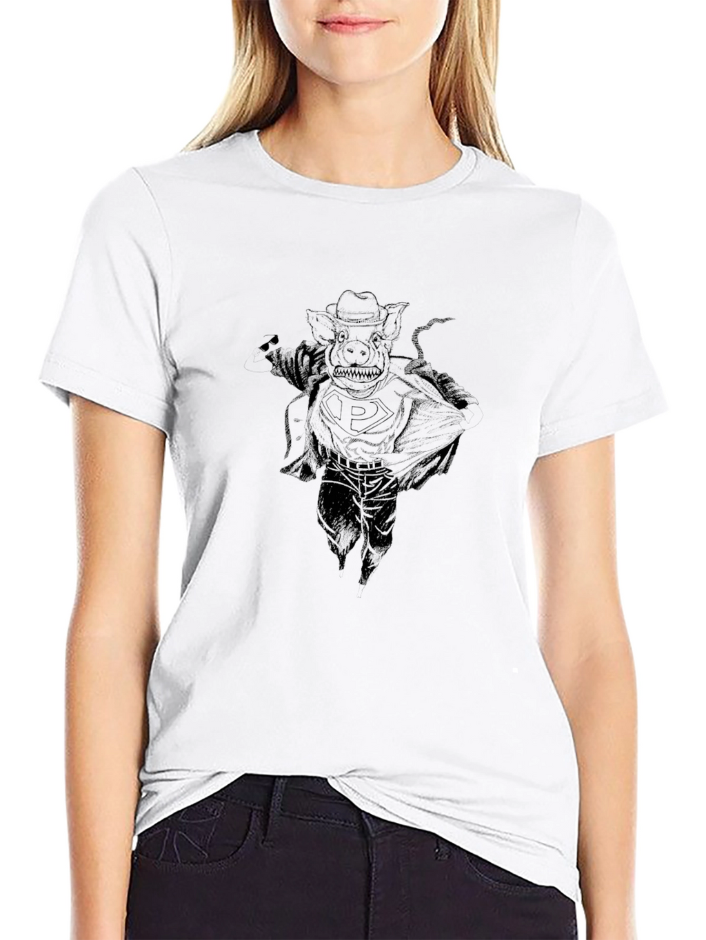 Black Graphic Tee - Pig Superhero Design