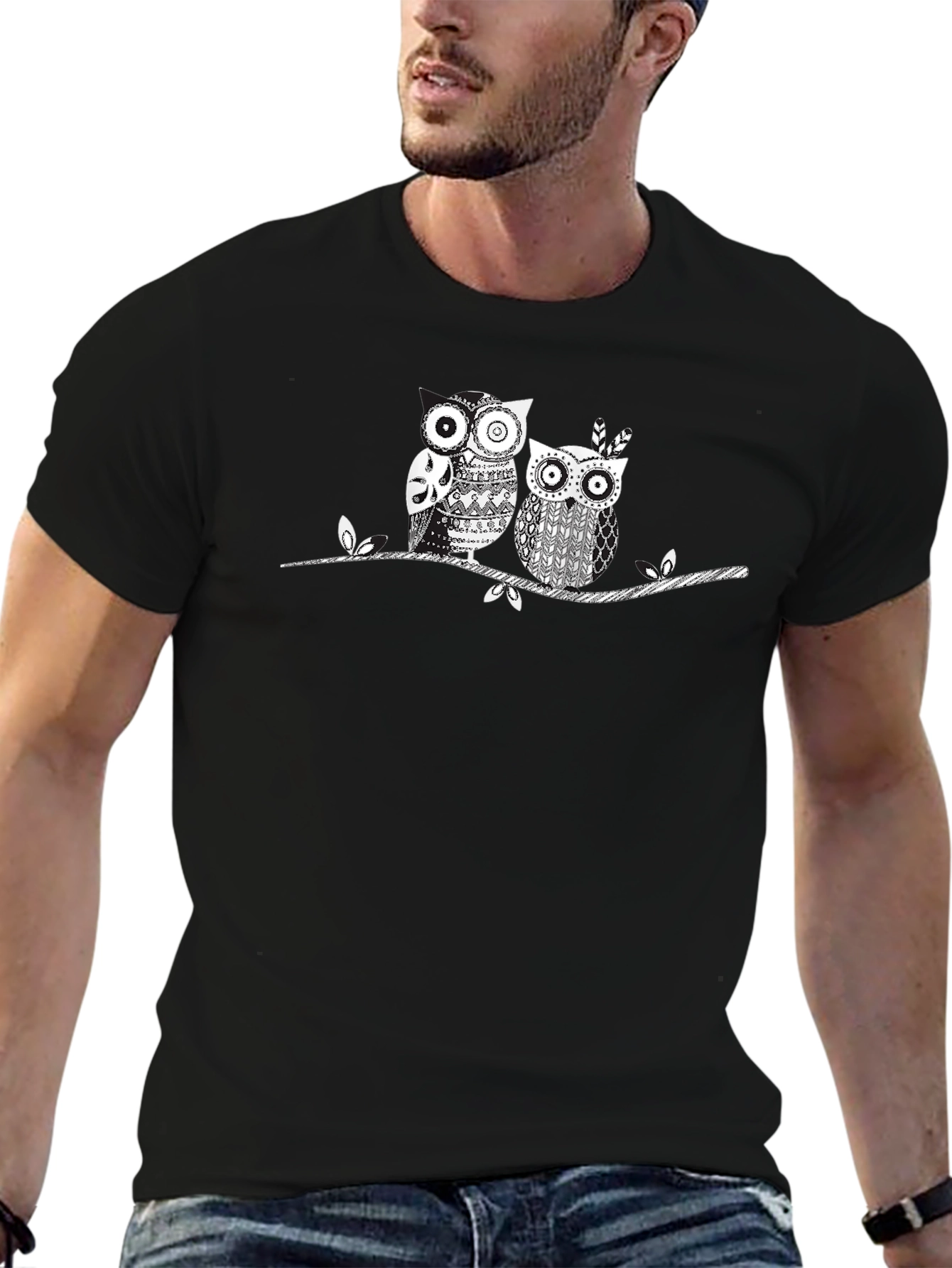 Owl Couple Graphic Print Black Tee