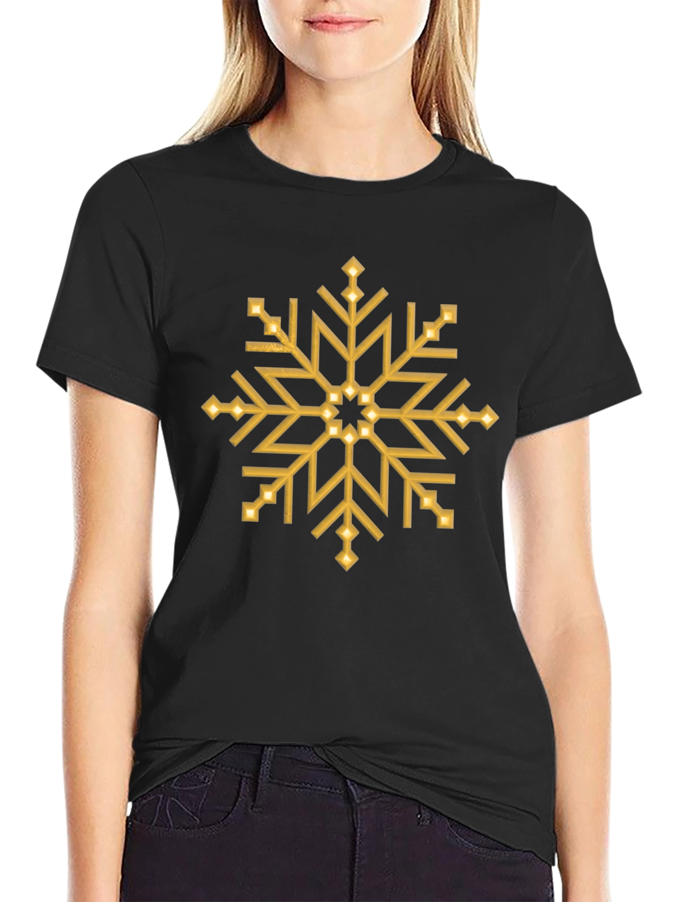 Gold Snowflake Graphic Print Black T-Shirt