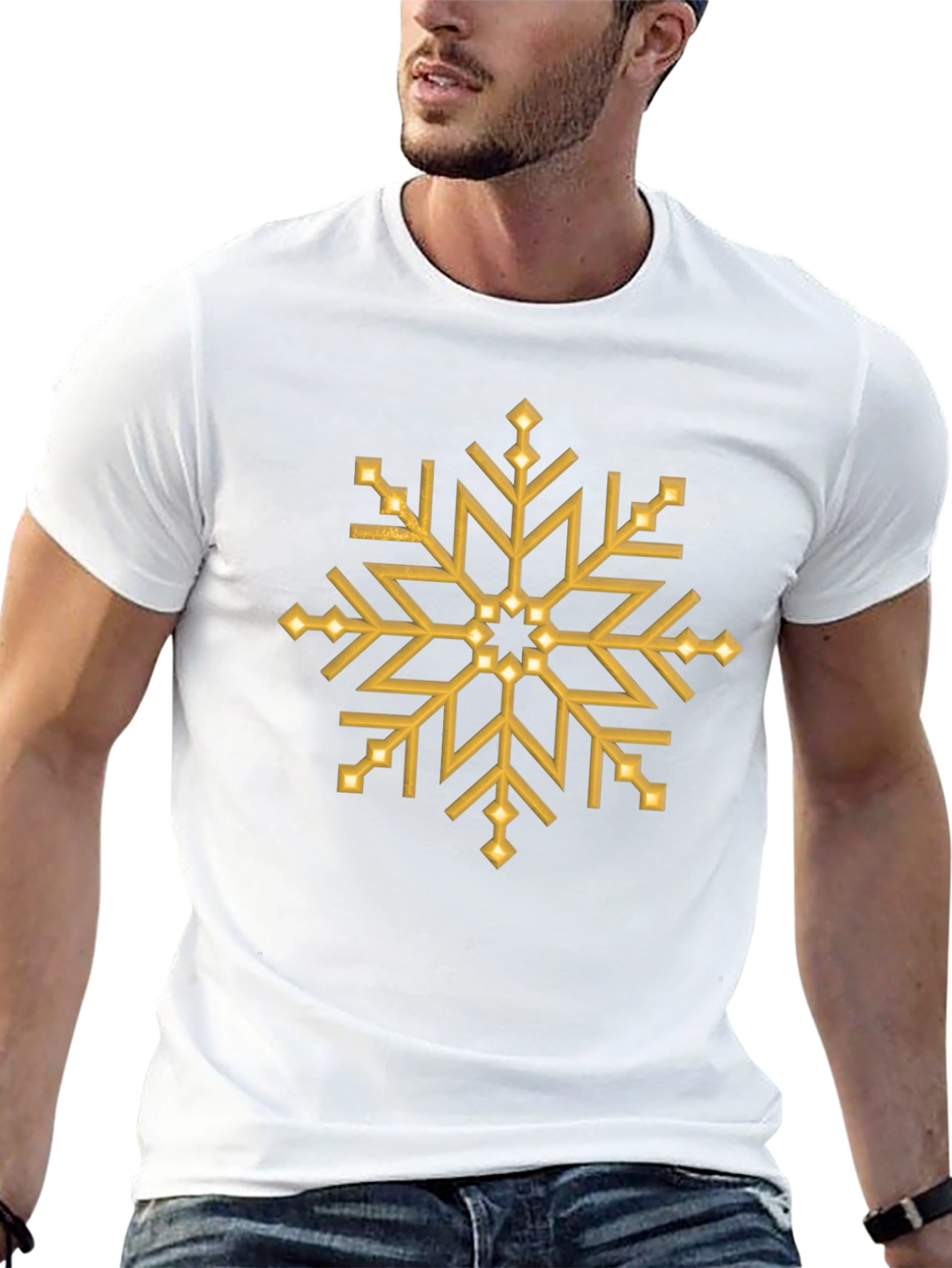 Gold Snowflake Graphic Print Black T-Shirt