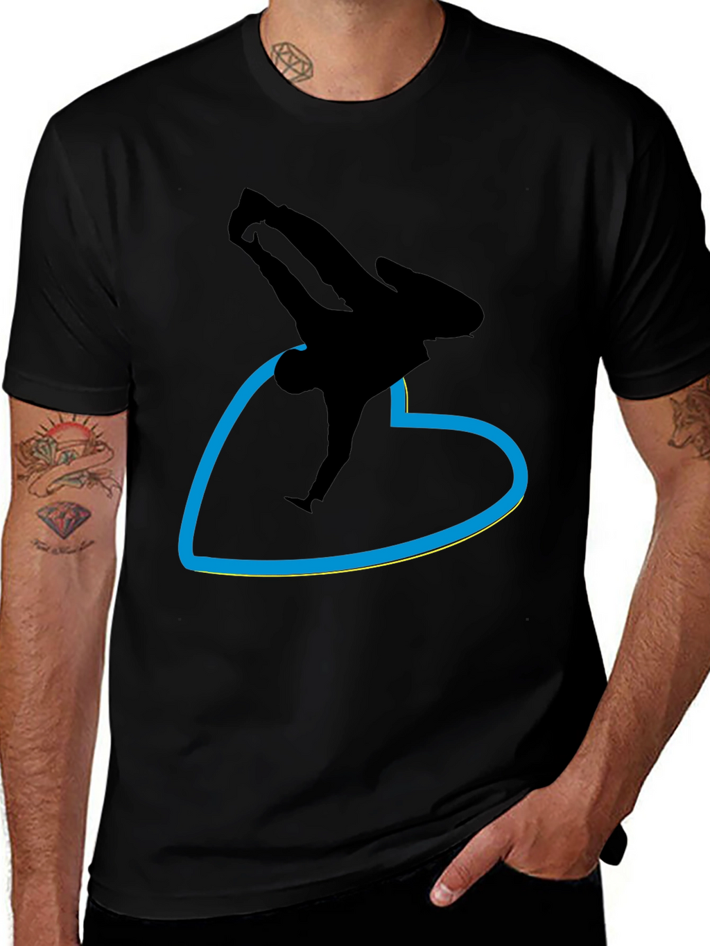 Black T-Shirt with Breakdancer Heart Graphic