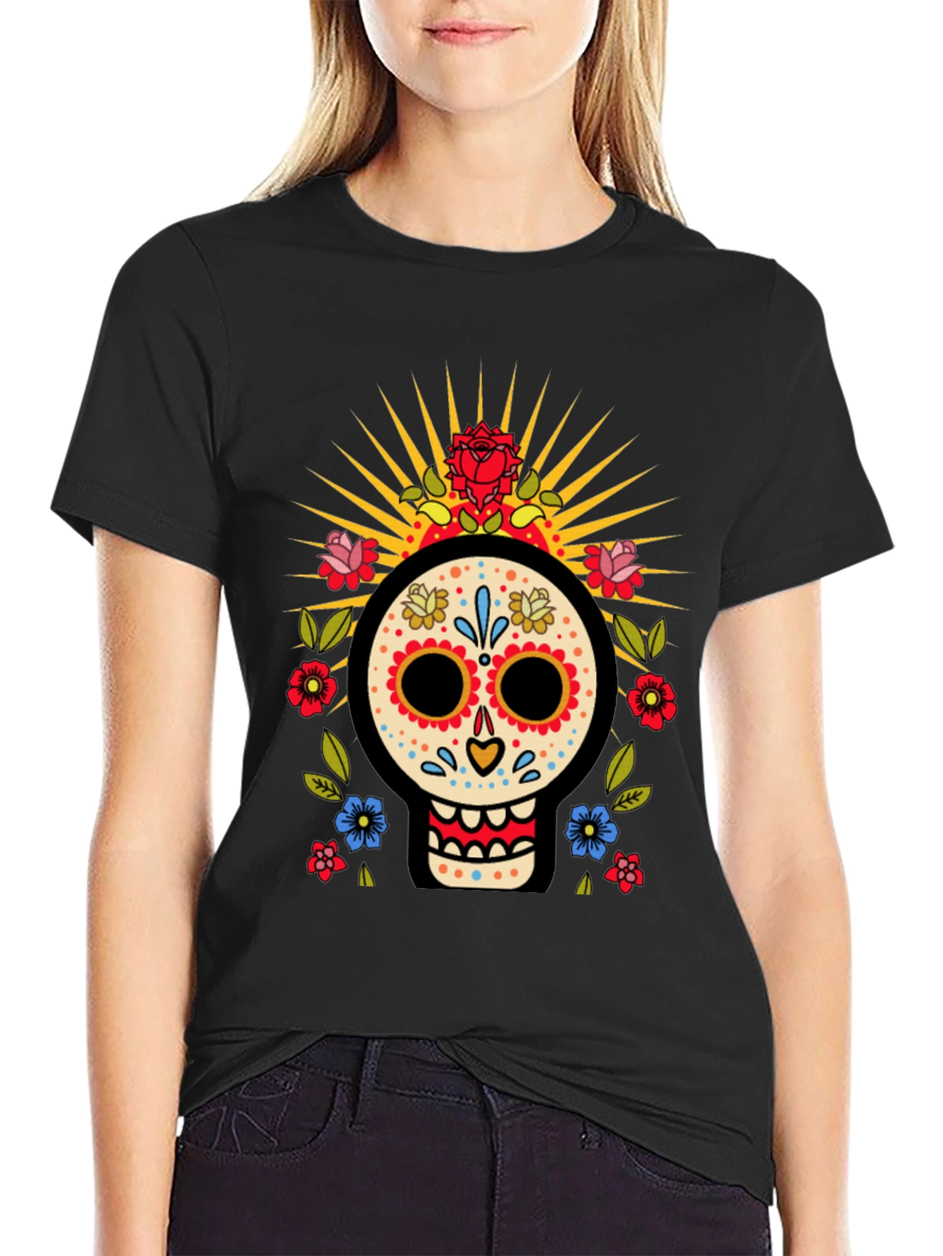 Day of the Dead Skull T-Shirt - Floral Sugar Skull Design