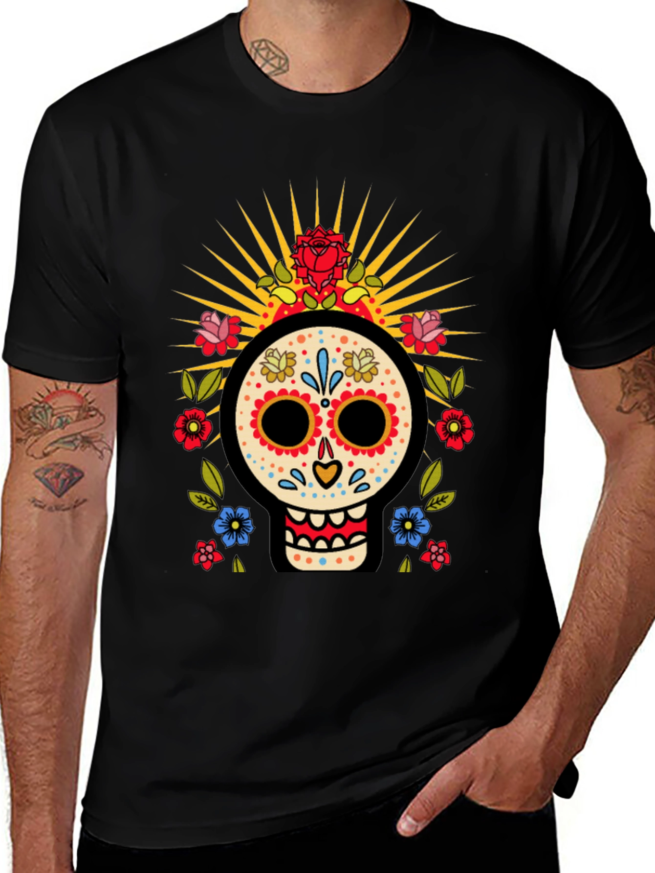 Day of the Dead Skull T-Shirt - Floral Sugar Skull Design