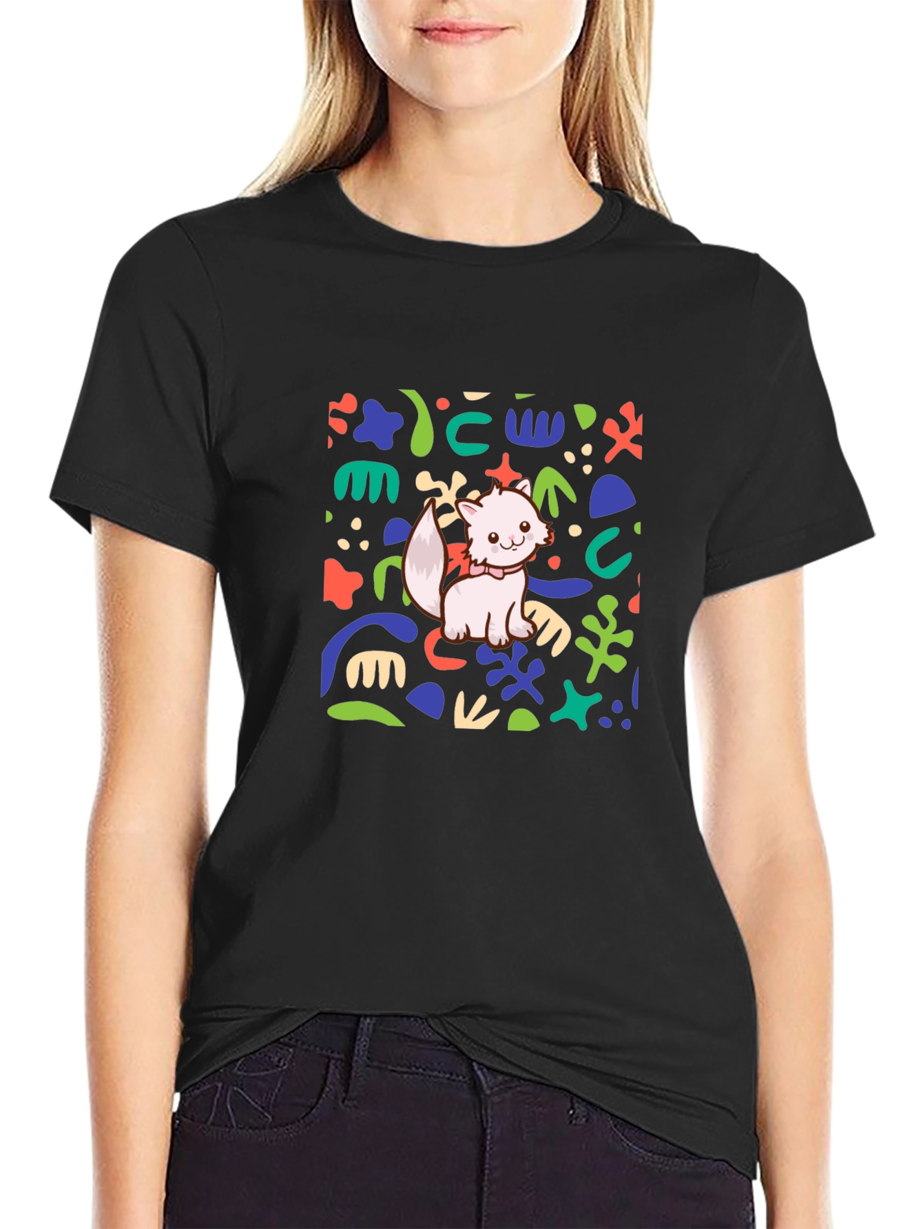 Abstract Cat Graphic Black T-Shirt