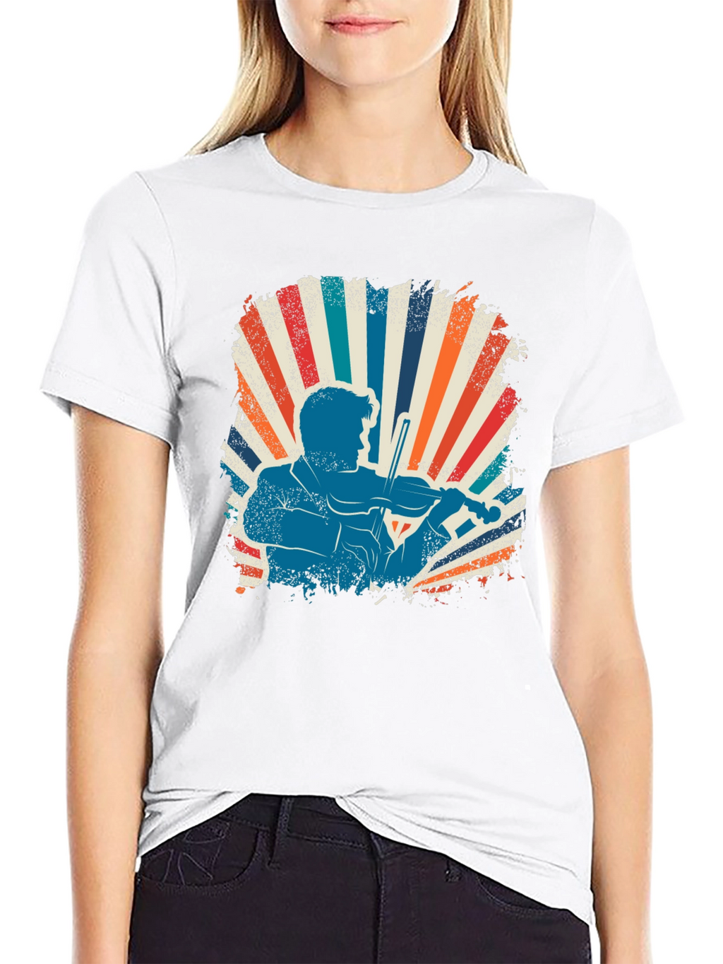 Retro Violinist Graphic Tee - Black Cotton Blend
