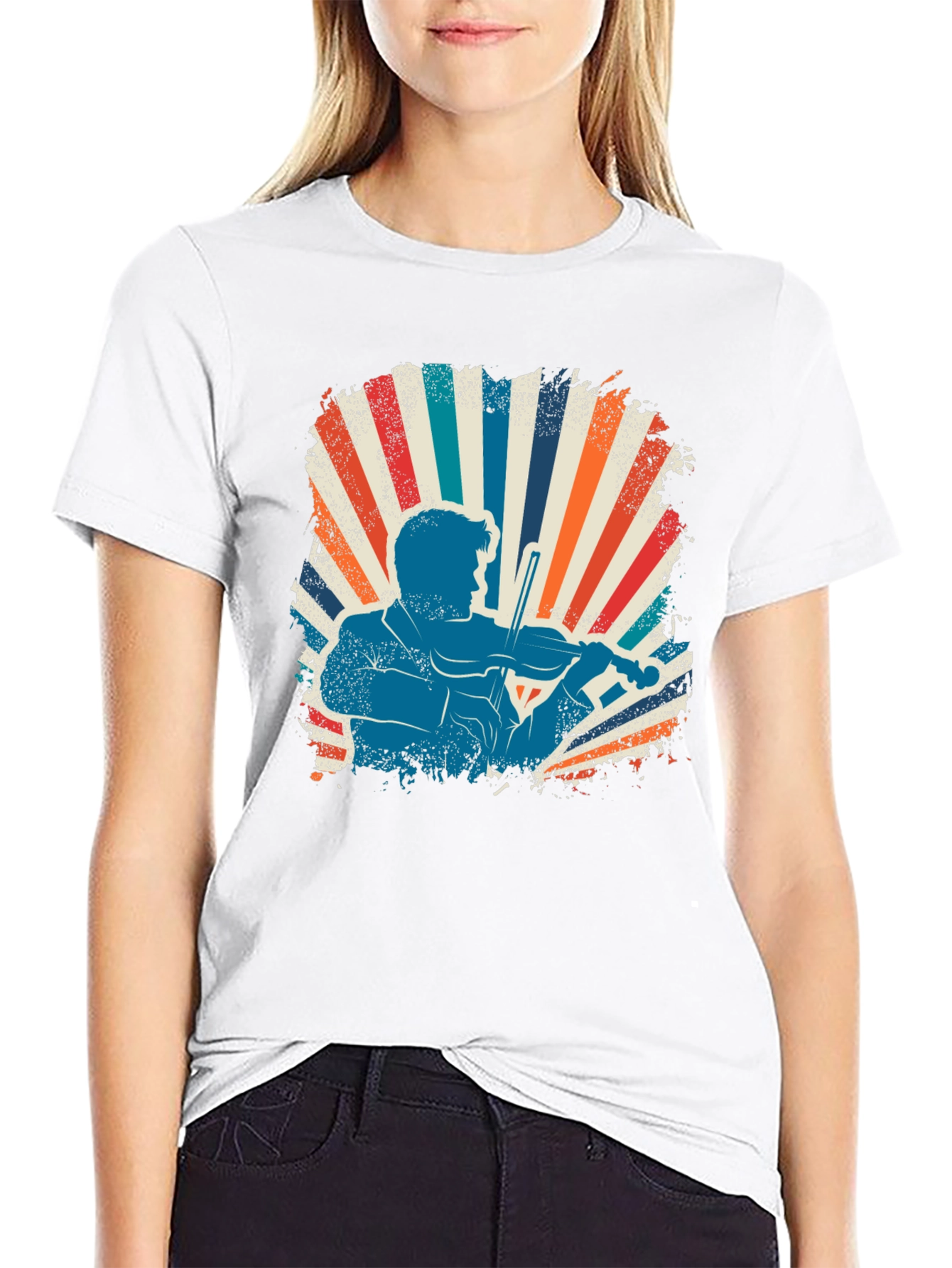 Retro Violinist Graphic Tee - Black Cotton Blend