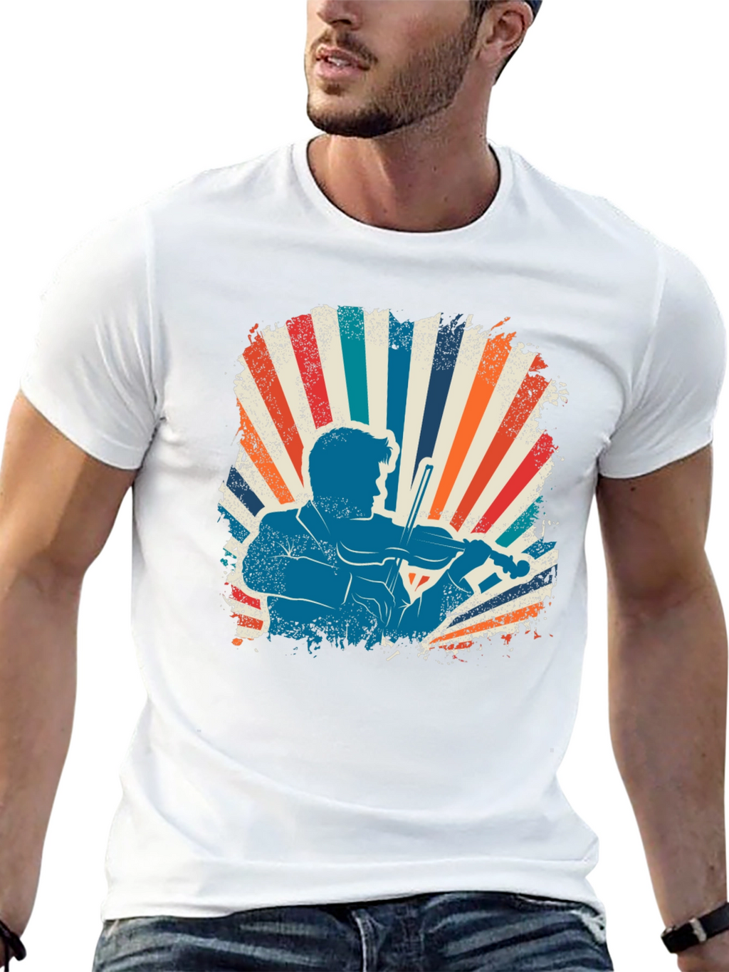 Retro Violinist Graphic Tee - Black Cotton Blend