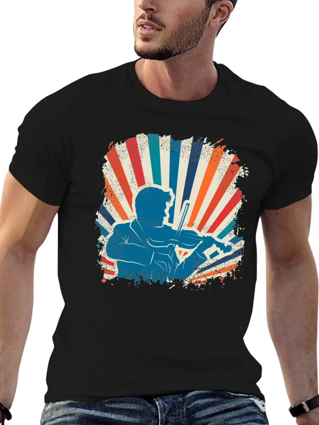 Retro Violinist Graphic Tee - Black Cotton Blend