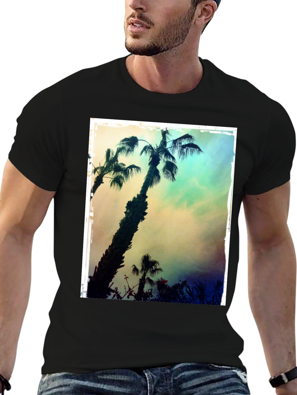 Tropical Palm Tree Print Black T-Shirt