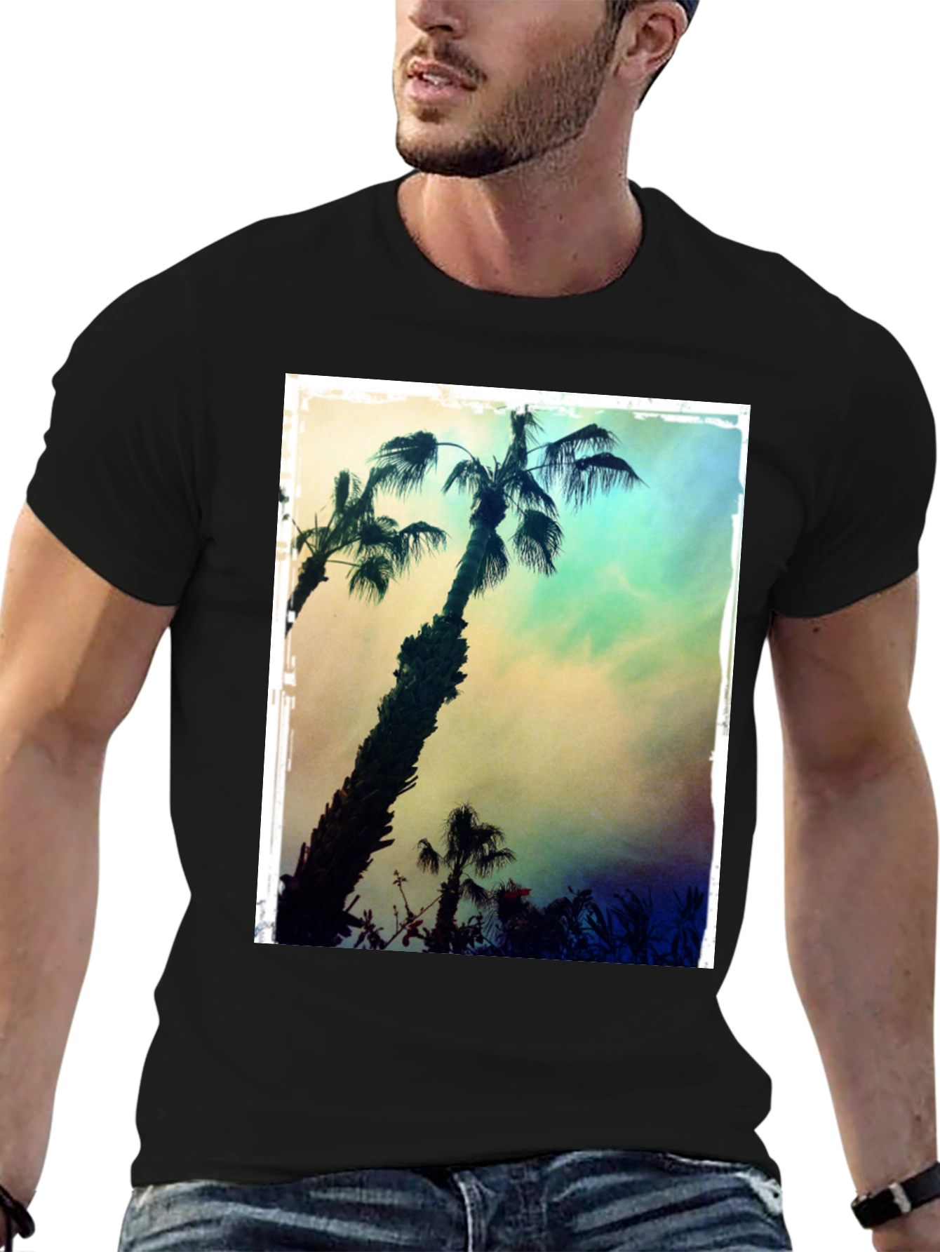 Tropical Palm Tree Print Black T-Shirt