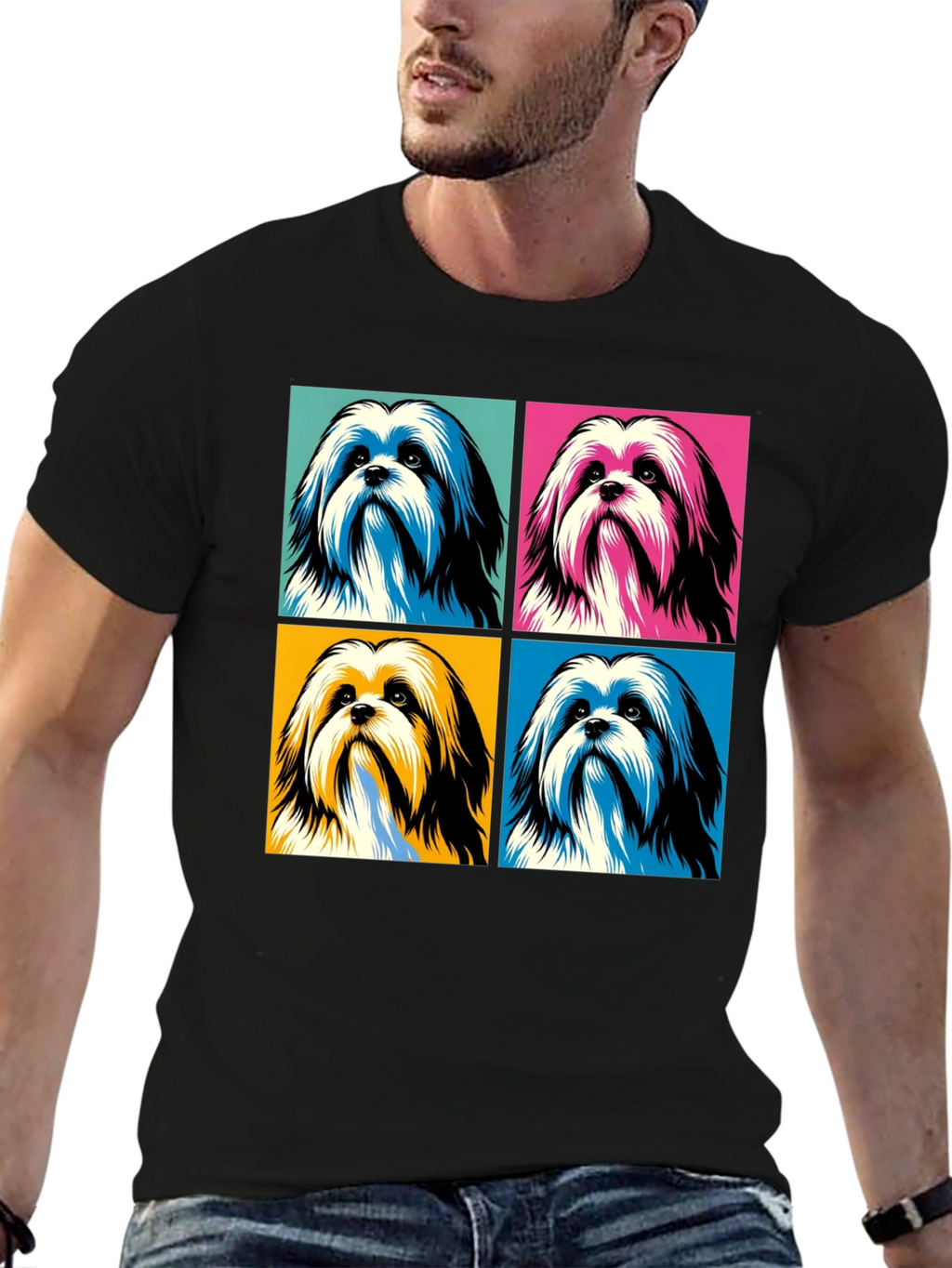 Pop Art Shih Tzu Dog Graphic Black T-Shirt