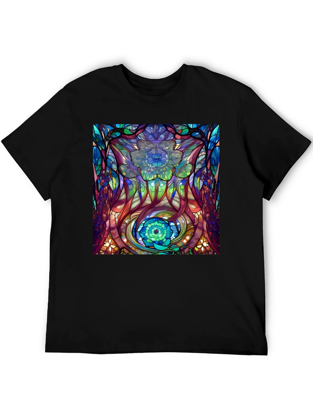 Abstract Floral Stained Glass Print Black T-Shirt
