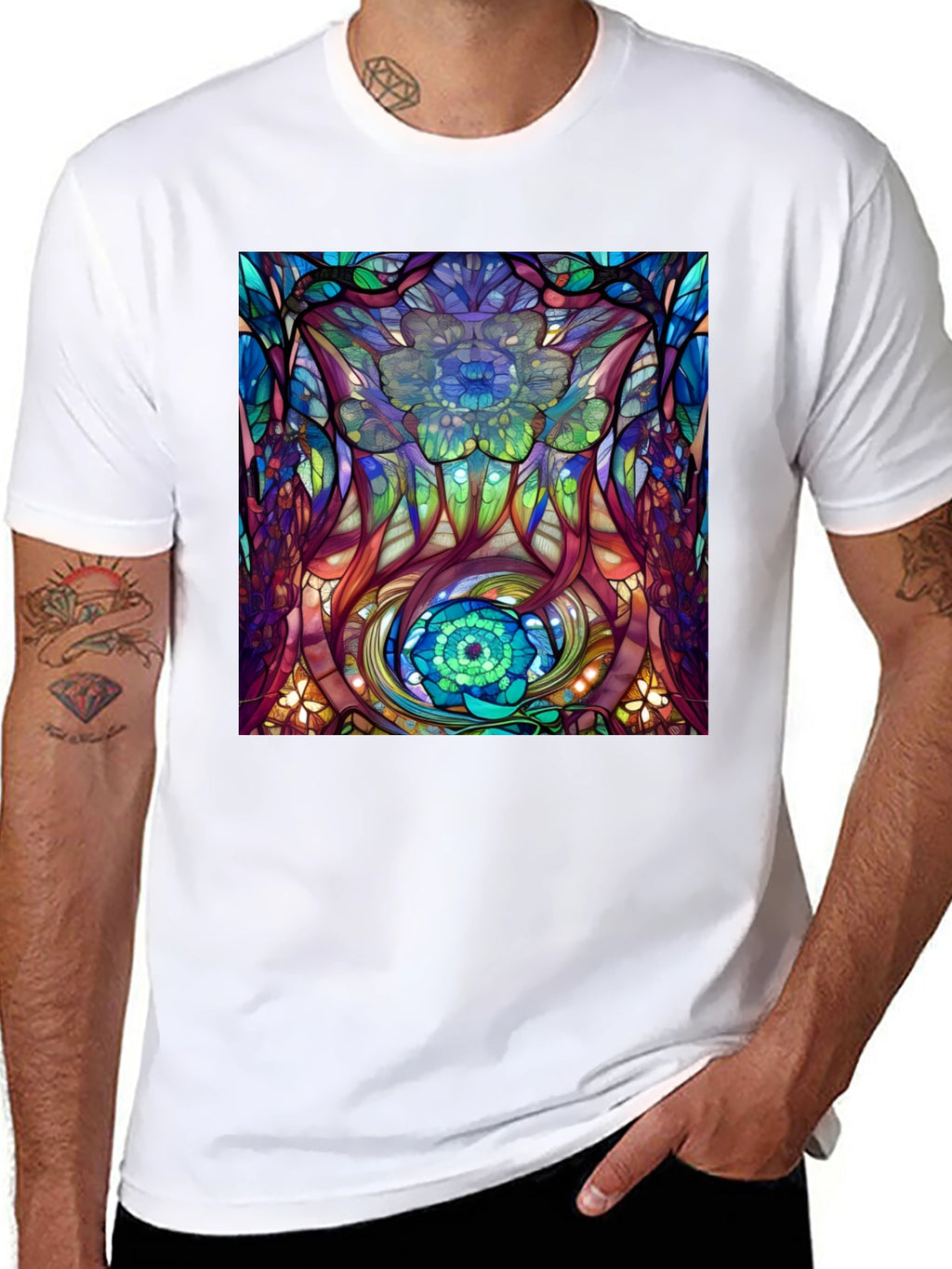 Abstract Floral Stained Glass Print Black T-Shirt