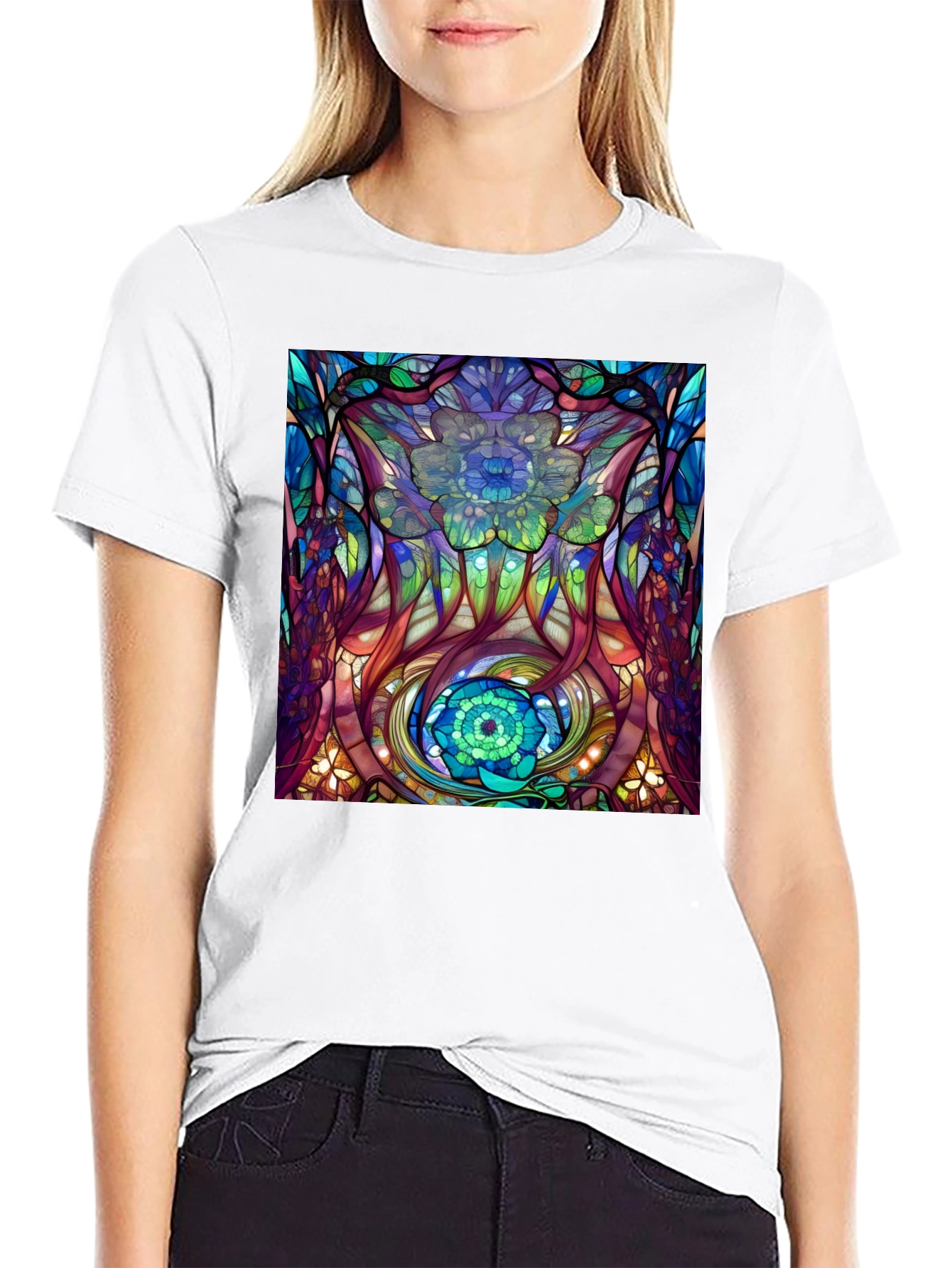 Abstract Floral Stained Glass Print Black T-Shirt