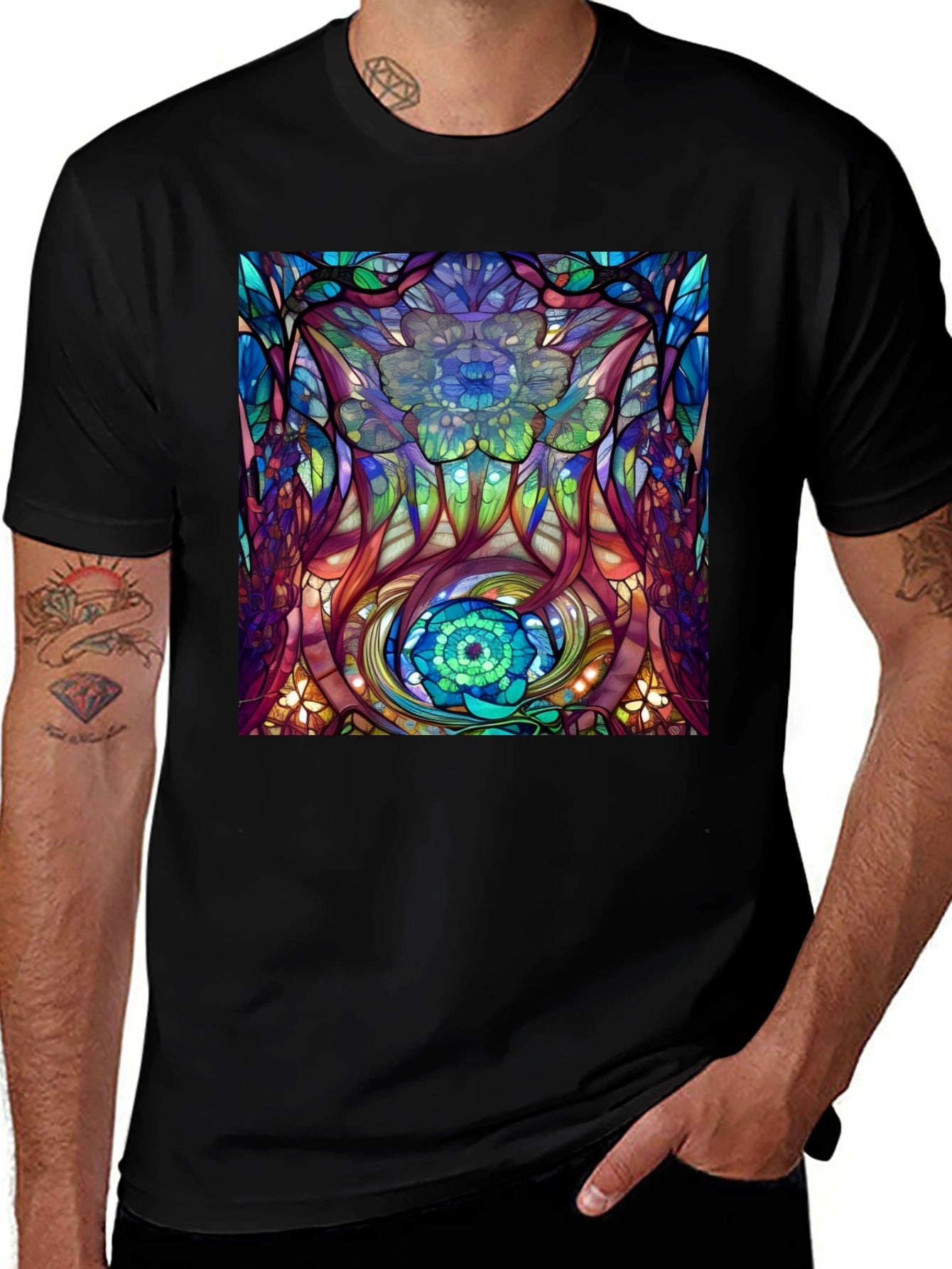 Abstract Floral Stained Glass Print Black T-Shirt