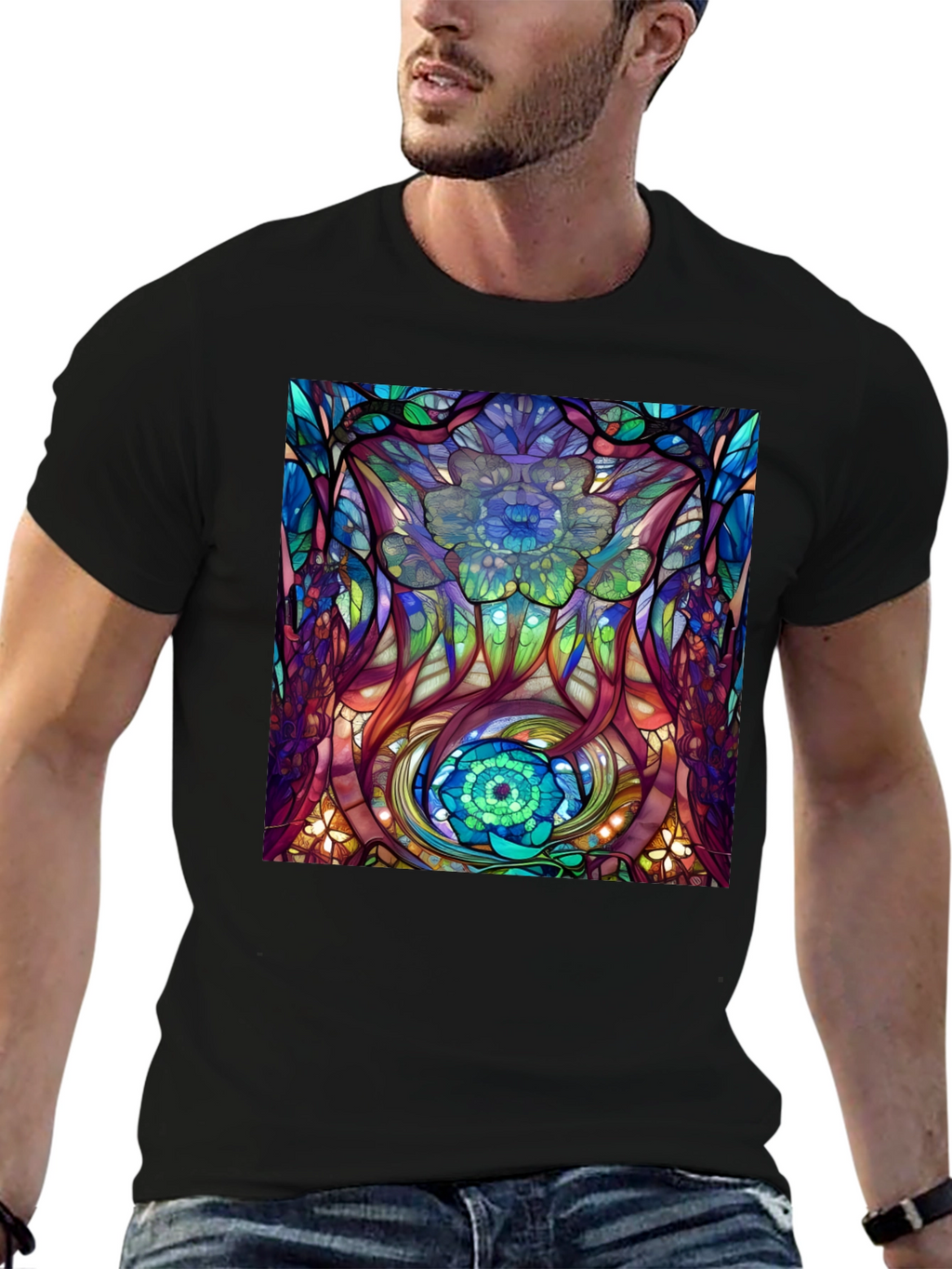 Abstract Floral Stained Glass Print Black T-Shirt