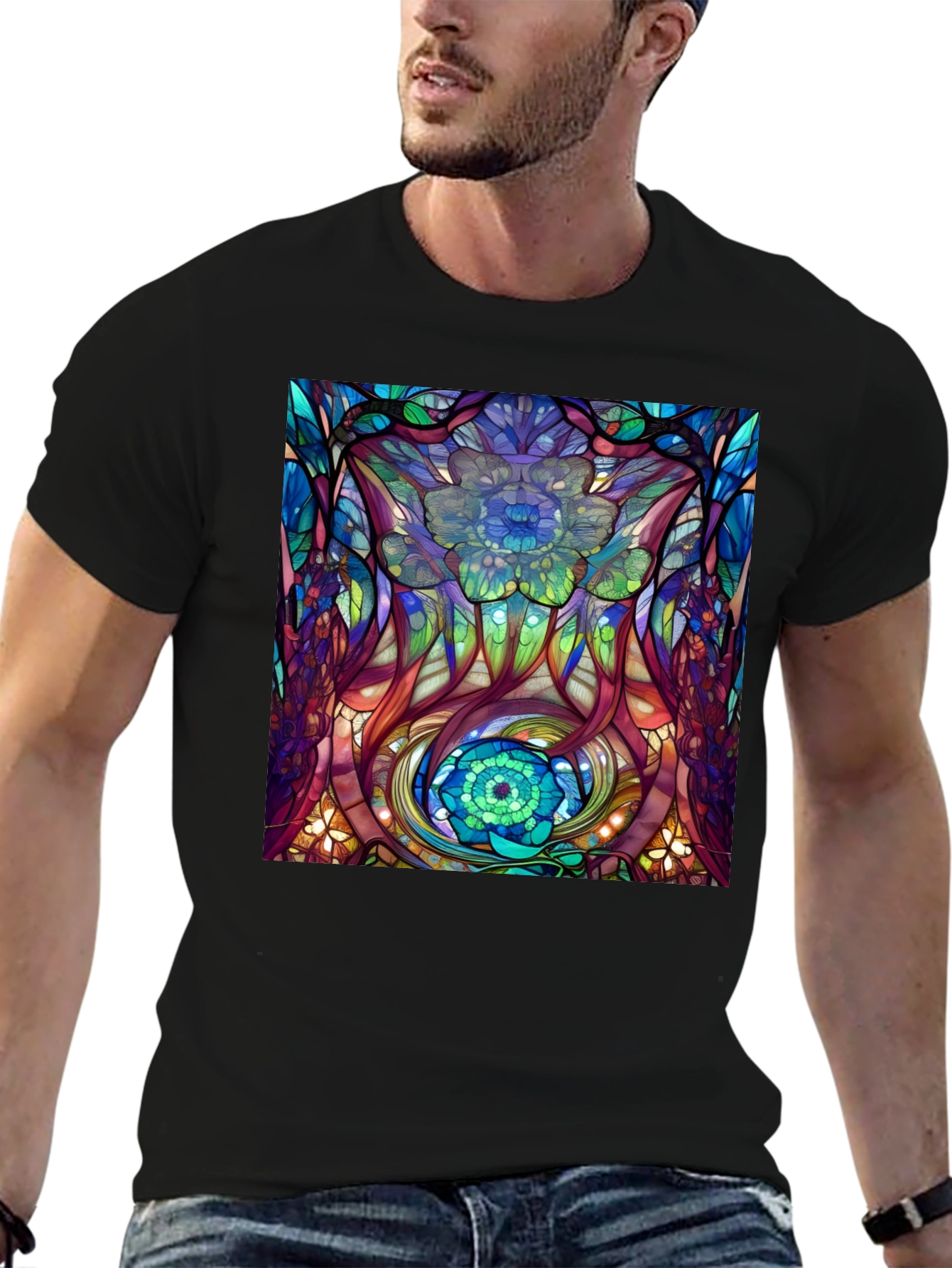 Abstract Floral Stained Glass Print Black T-Shirt