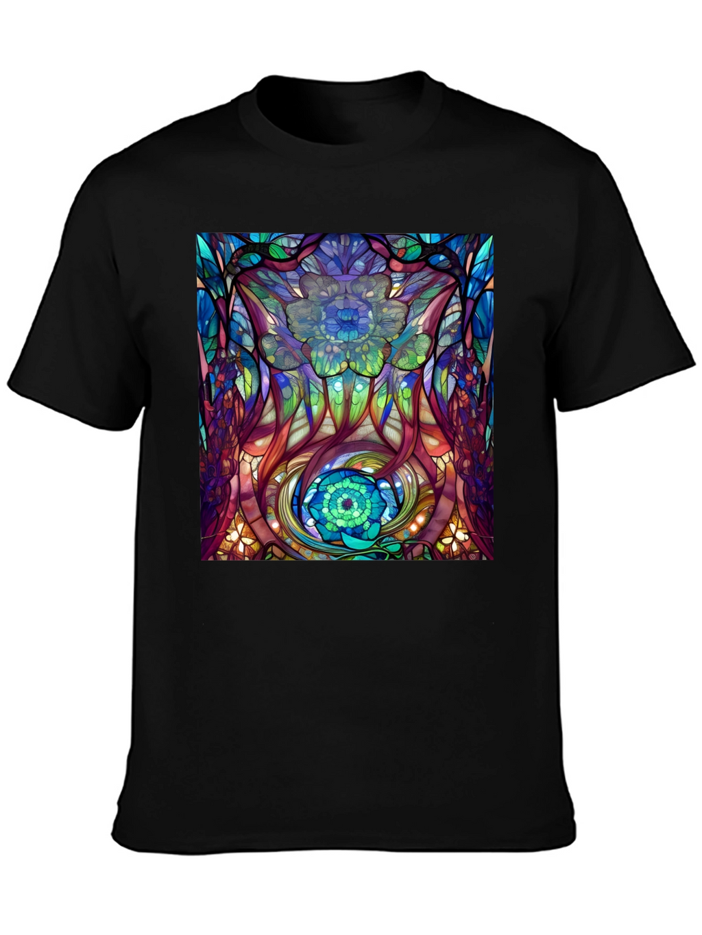 Abstract Floral Stained Glass Print Black T-Shirt