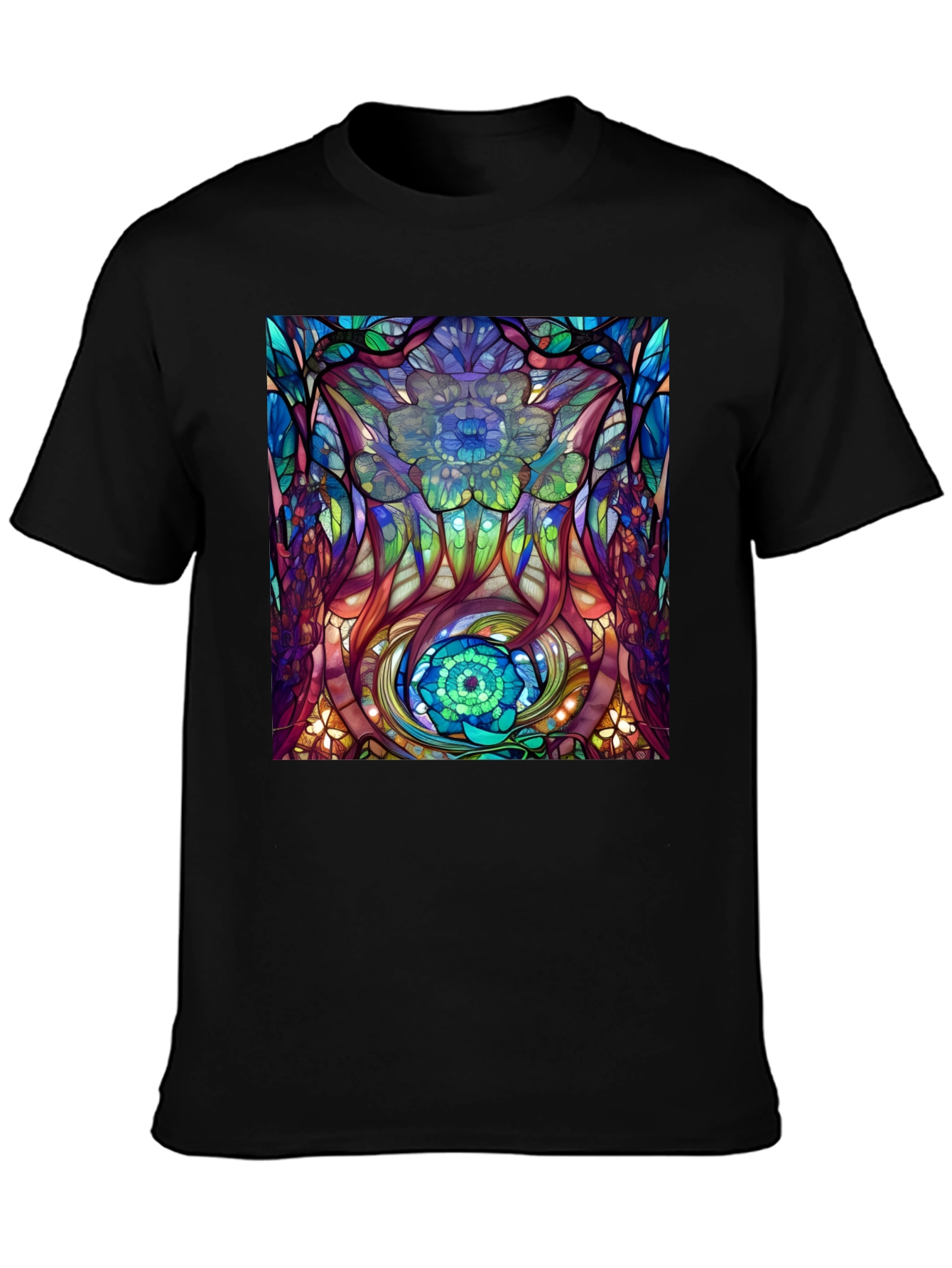 Abstract Floral Stained Glass Print Black T-Shirt
