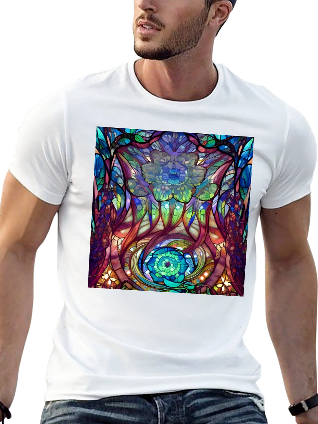 Abstract Floral Stained Glass Print Black T-Shirt