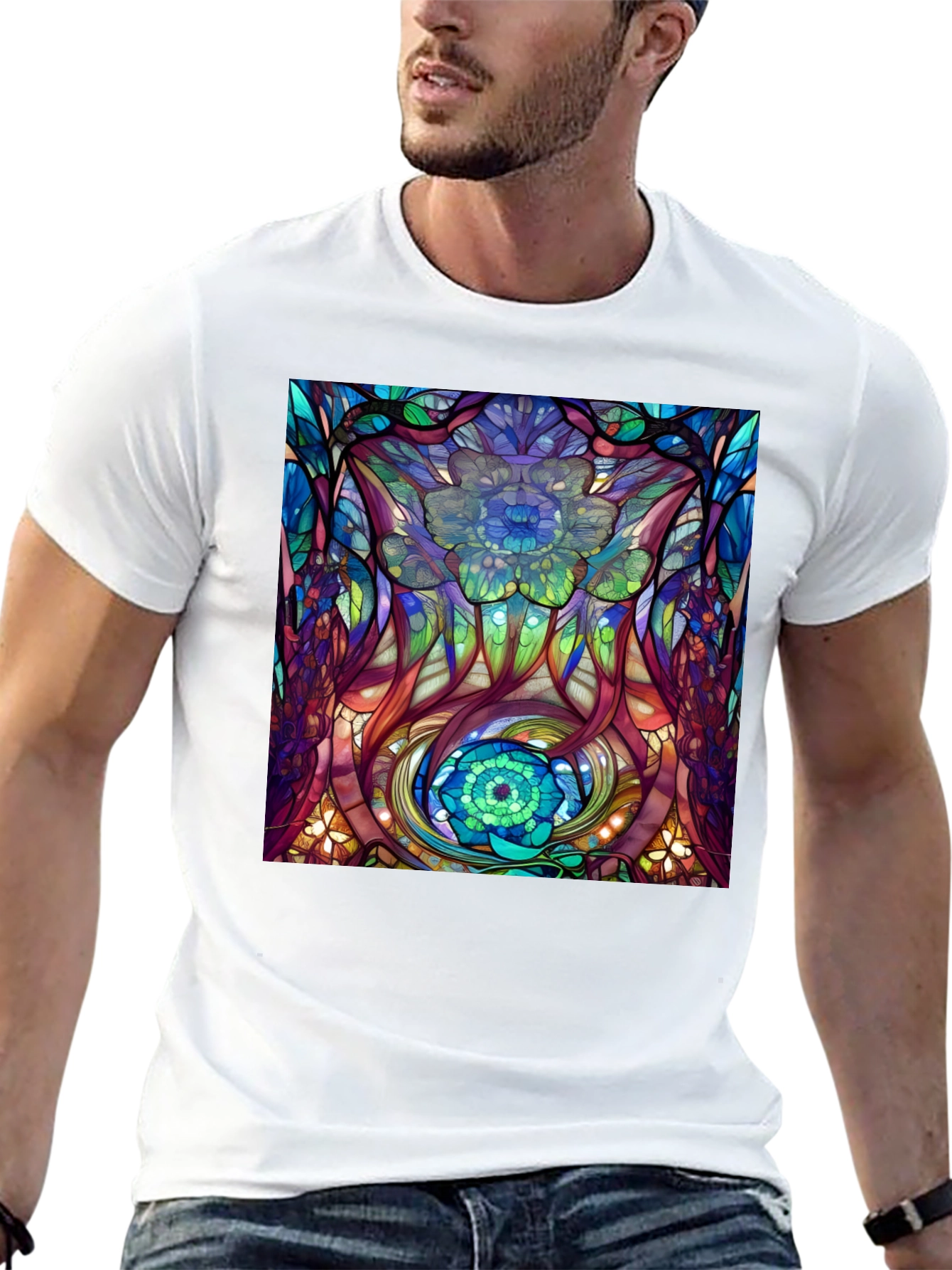 Abstract Floral Stained Glass Print Black T-Shirt