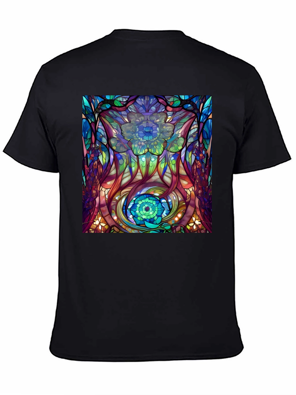 Abstract Floral Stained Glass Print Black T-Shirt