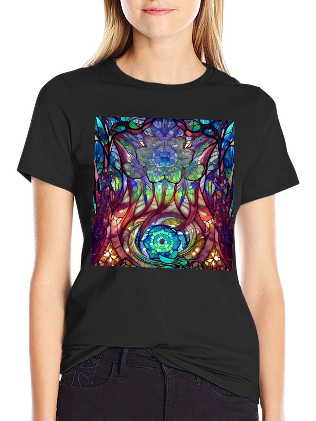 Abstract Floral Stained Glass Print Black T-Shirt