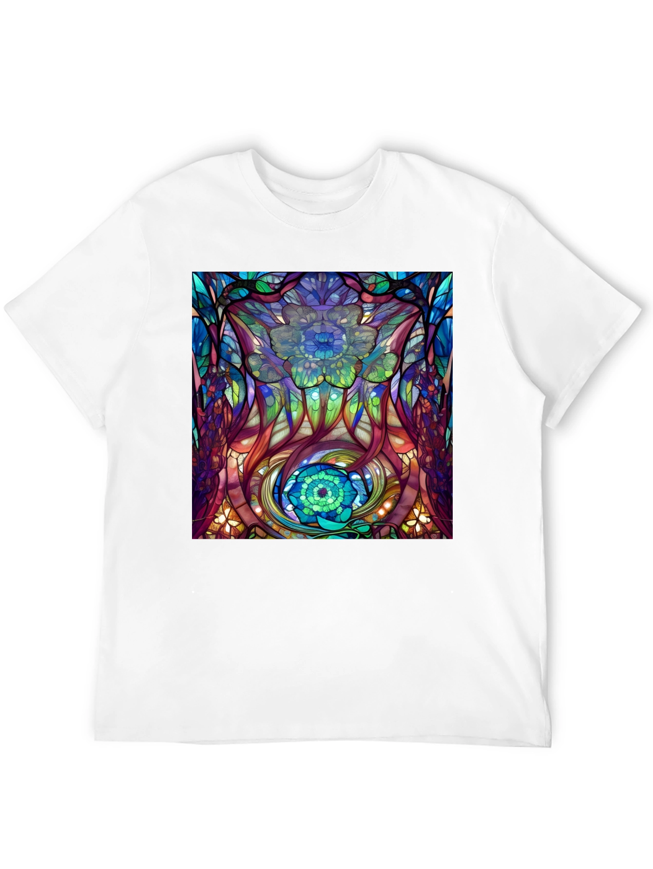 Abstract Floral Stained Glass Print Black T-Shirt