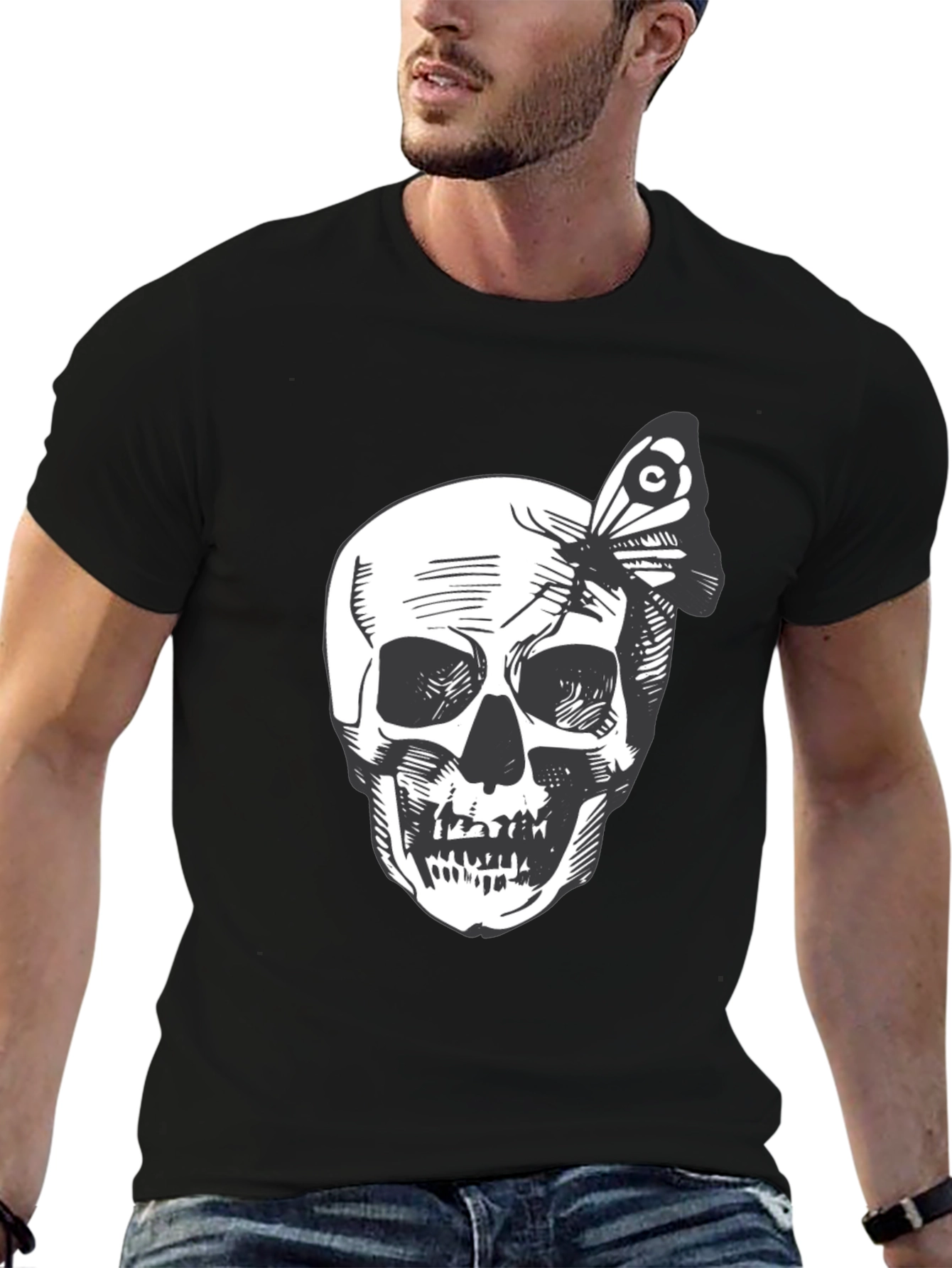 Skull and Butterfly Graphic Tee - Black Cotton