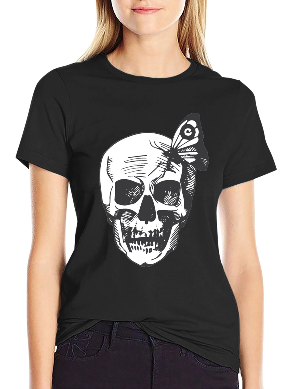 Skull and Butterfly Graphic Tee - Black Cotton