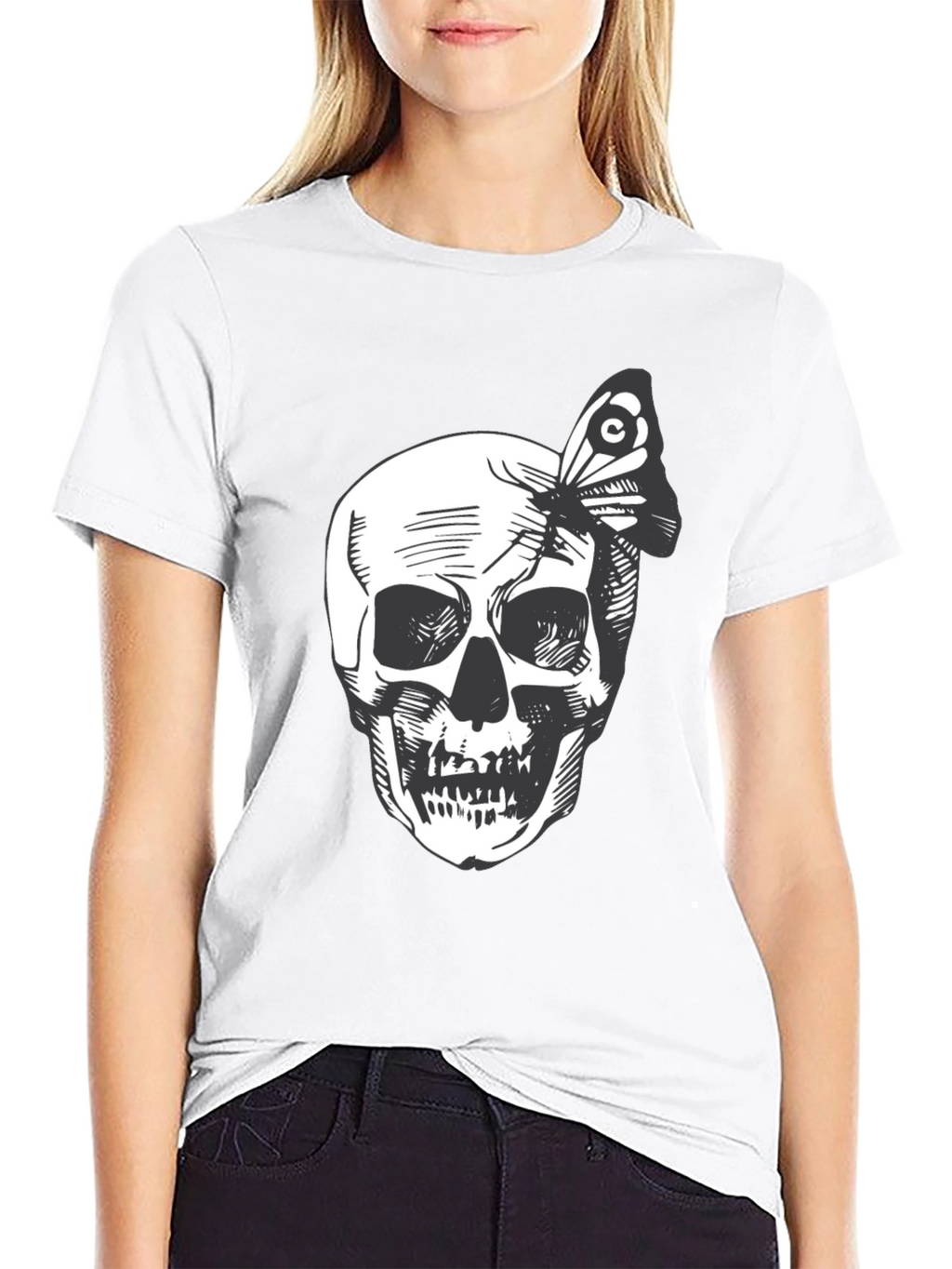 Skull and Butterfly Graphic Tee - Black Cotton