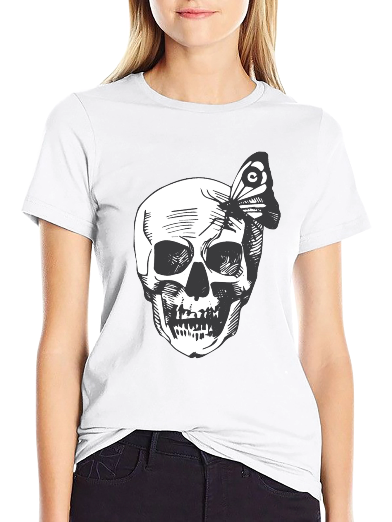 Skull and Butterfly Graphic Tee - Black Cotton