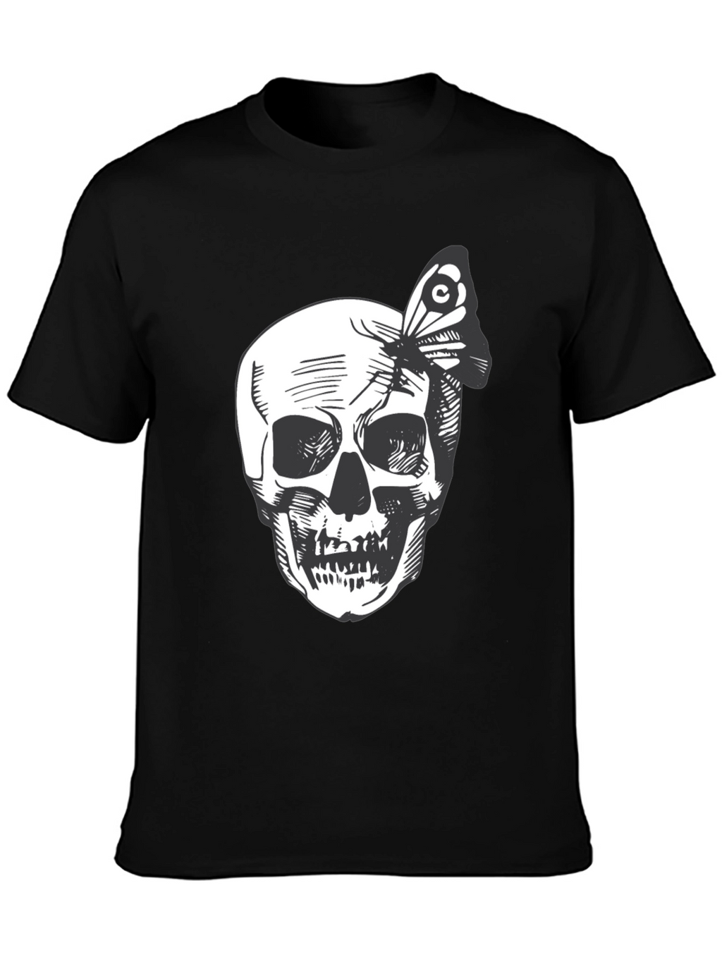 Skull and Butterfly Graphic Tee - Black Cotton