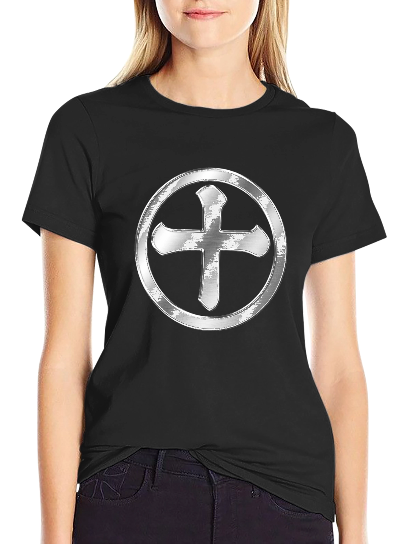 Silver Cross Design Black T-Shirt