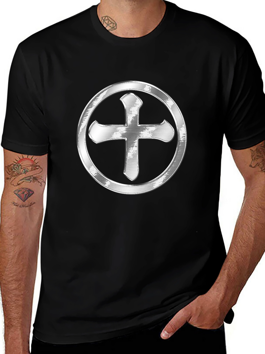 Silver Cross Design Black T-Shirt