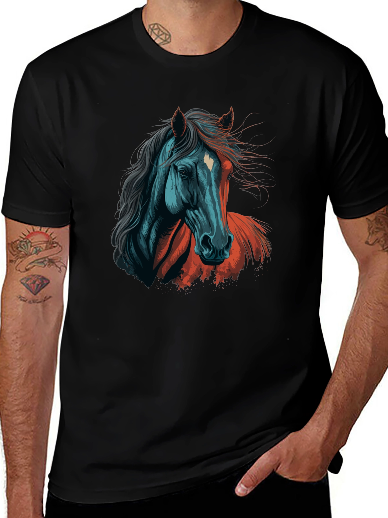 Horse Graphic Tee - Artistic Print Black T-Shirt
