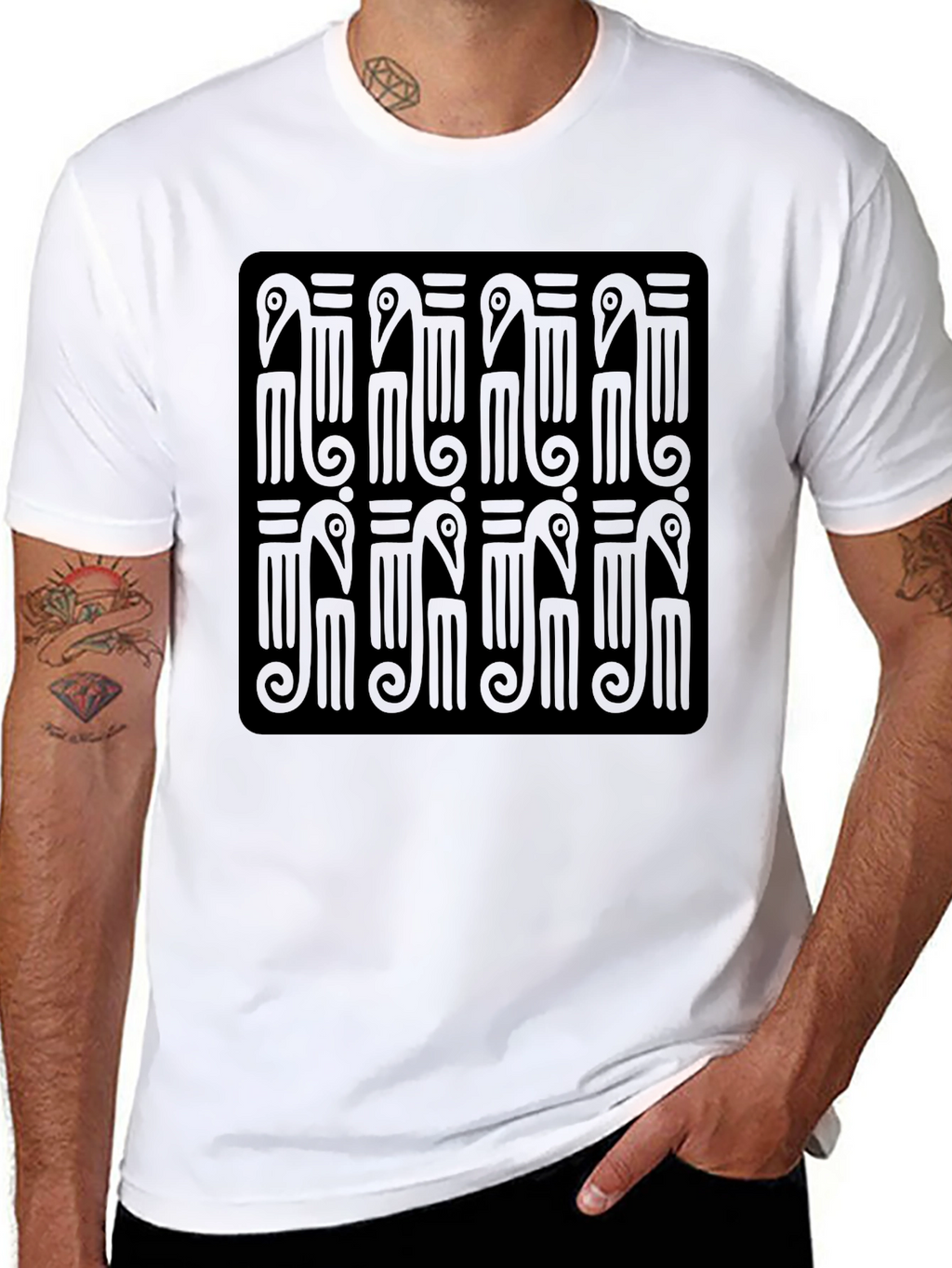 Black T-Shirt with Abstract Bird Pattern