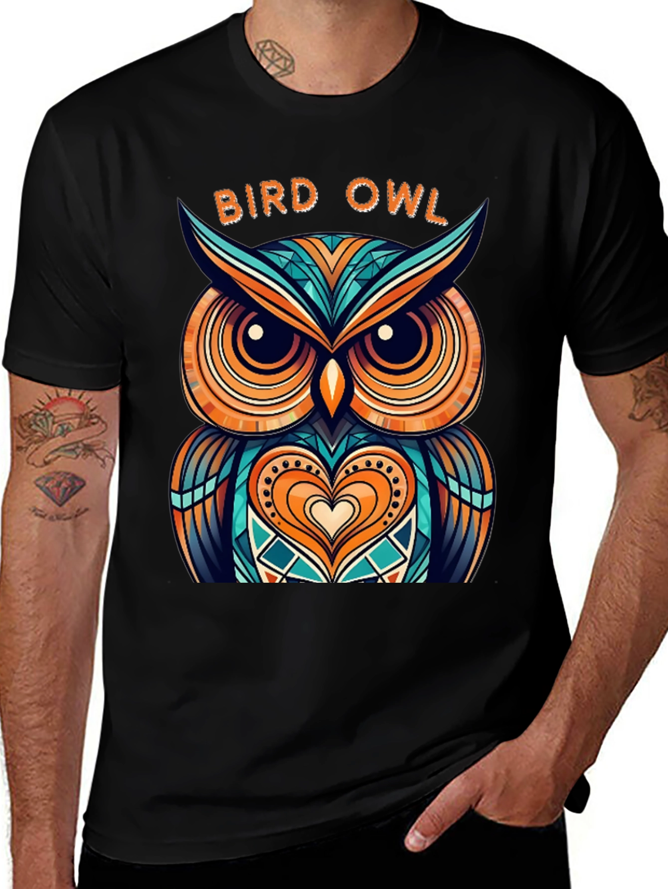 Abstract Bird Owl Graphic Tee - Stylish Mens Black T-Shirt